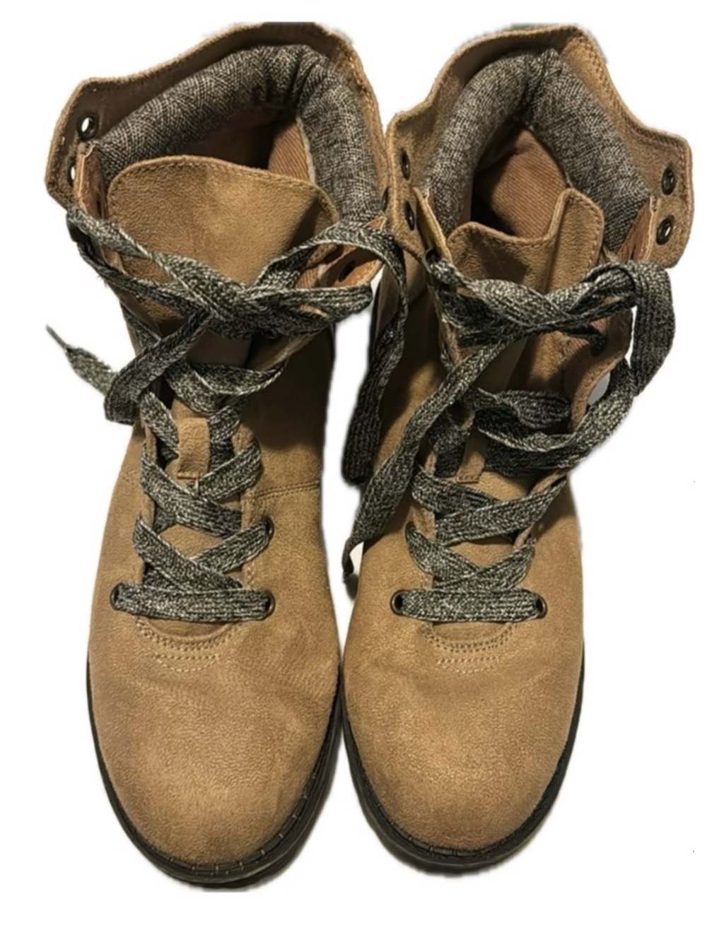Women’s POP Tania Tan Faux Suede Tweed Collar Lace Up Boots Size 9 NWT